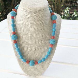 New Carved Turquoise & Pink Coral Beaded Necklace